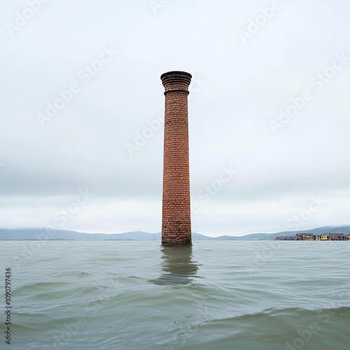 A lone chimney standing above water, a silent marker of a drowned town photo