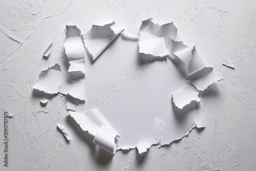 Torn Paper Shreds on Clean White Background with Texture and Light Effects