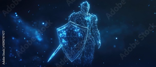 Digital knight with shield and sword in futuristic blue glow.