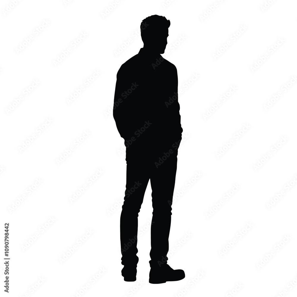 a black silhouette of a man standing with his back to the viewer a black silhouette of a man standing with his back to the viewer