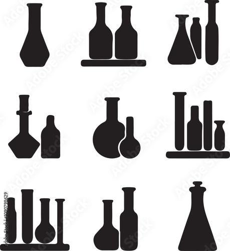 Collection of science icons. Includes various flasks, test tubes, a microscope, and a lab report. Simple, bold graphic style.