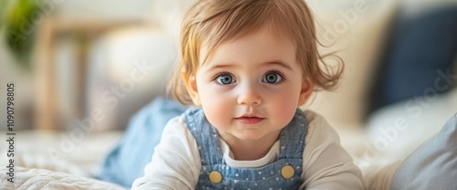 A baby with big blue eyes is crawling on a soft surface, dressed in a denim outfit. Bright indoor lighting adds warmth to this charming moment photo