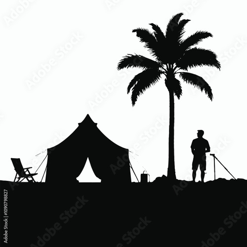 A silhouette of a person standing next to a palm tree , and a chair, and a standing donky and a tent in a minimalist landscape, white background, photo