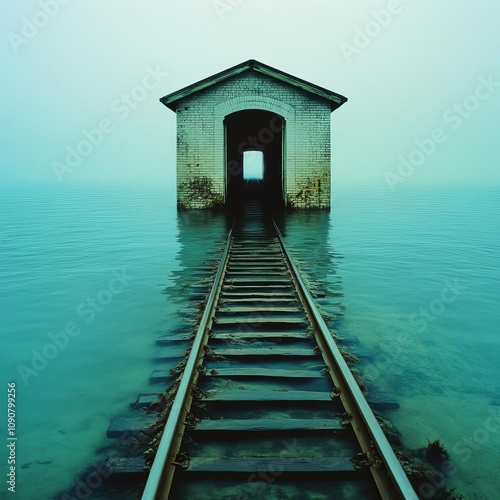 A submerged train station with tracks disappearing into the water s depths photo