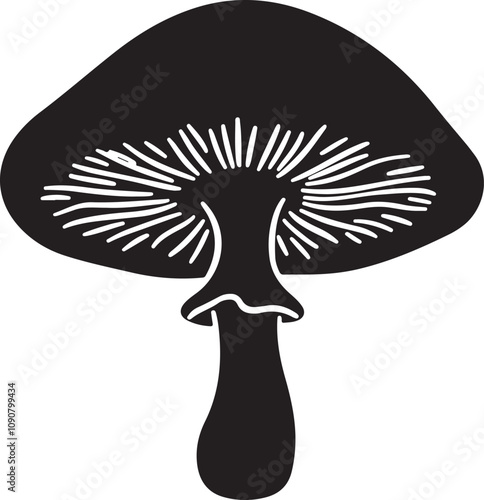 Mushroom icon vector. Silhouette of a large mushroom with white dots on its cap, growing from black grass. Simple, bold graphic design. Monochrome aesthetic.