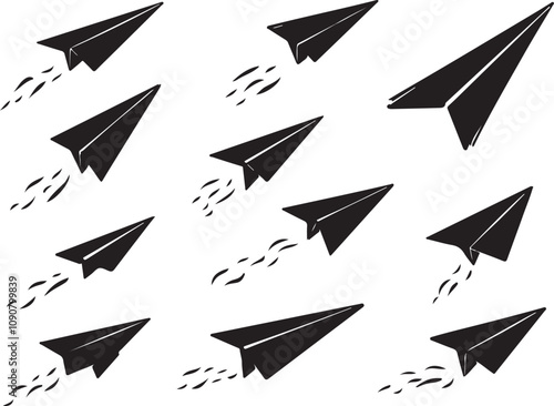 Flying Paper Airplanes set vector illustration. Paper Airplane vector. Hand drawn paper airplanes in flight.