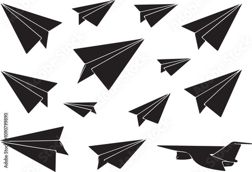 Flying Paper Airplanes set vector illustration. Paper Airplane vector. Hand drawn paper airplanes in flight.