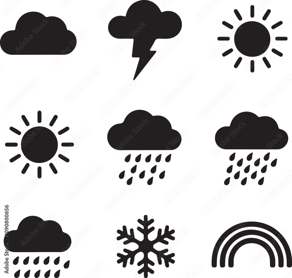 Fototapeta premium Collection of basic weather icon set vector in solid black silhouette against a white background.