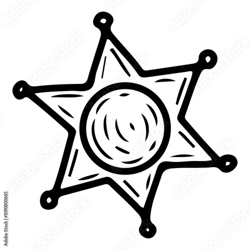 Sheriff badge hand drawn doodle. Metallic star of police chief. Retro symbol of law enforcement. Sign of authority. Wild west. Western. Vector line art illustration.