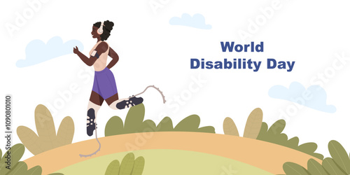 World Disability day. Afro american woman with running prosthetics landing page, web banner, inclusion, sport concept. Happy people with disability flat cartoon vector illustration. Handicapped person