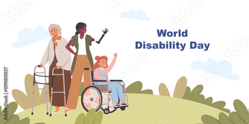 World Disability day. Elderly woman with walking aid, woman with arm prosthetic, girl in wheelchair landing page, web banner. Diverse people with disability inclusion flat cartoon vector illustration