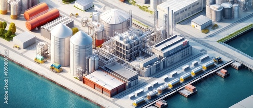 Aerial view of industrial complex by the water.