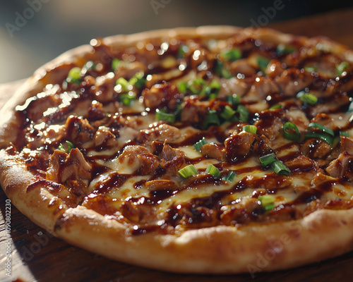 perfectly cooked bbq chicken pizza in natural sunlight, topped with scallions and savory sauce photo