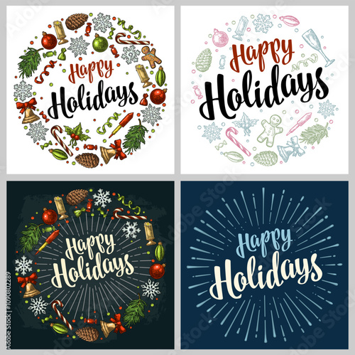 Happy Holidays handwriting calligraphy lettering. Circle shape with gingerbread, candy, mistletoe, bell, serpentine, rocket, snowflake, pine cone, fir branch, toy. Vector vintage color engraving