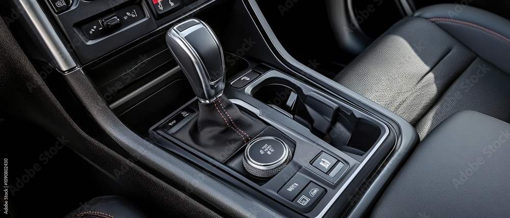 Naklejka premium Modern car interior detail gear shift, controls, and console.