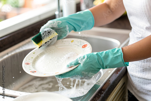 Close up - Hands in glove rubber of woman cleaning and wash the dishes - Cleaning concept photo