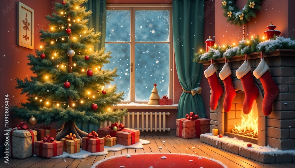 Fototapeta premium Cozy Christmas interior with a decorated tree, gifts, and stockings by the fireplace