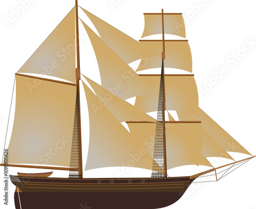 Sailing Cargo Ship in the style of Dei Gratia. Side profile of a cargo ship from the 1800s. Isolated vector illustration.