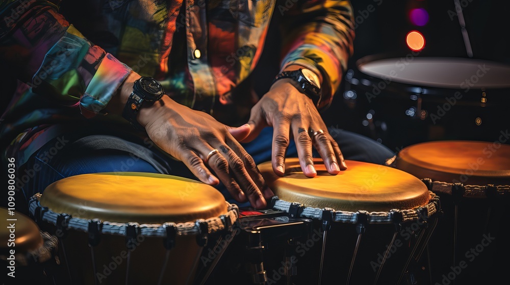 Obraz premium Vibrant rhythms emerge from skilled hands during an evening music session. Generative AI