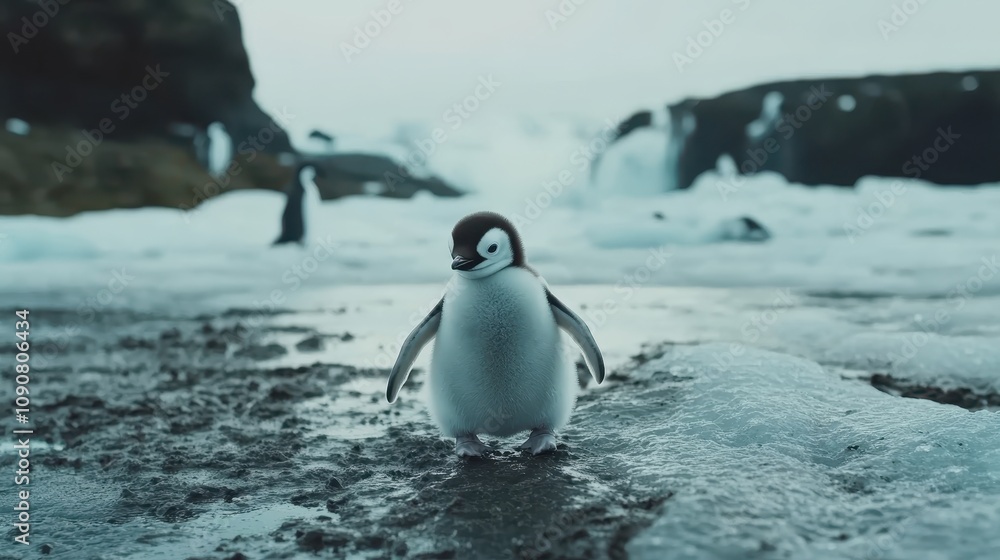 Fototapeta premium A baby penguin waddling awkwardly across icy terrain.