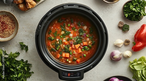 Food cooking nutrition recipes Fresh vegetable soup in a slow cooker.