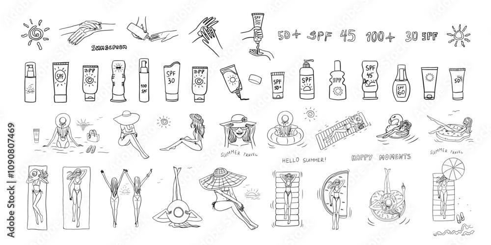 Fototapeta premium Large set of summer time theme elements. Sunscreen, Cream spf. Girl in a swimsuit and girl on the beach. Woman in a wicker hat. Girlfriends. Beach bag, flip flops. Travel design. Adventure. Hand drawn