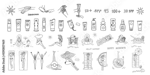 Large set of summer time theme elements. Sunscreen, Cream spf. Girl in a swimsuit and girl on the beach. Woman in a wicker hat. Girlfriends. Beach bag, flip flops. Travel design. Adventure. Hand drawn