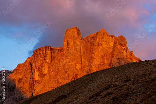 Panoramic view of the Val Gardena Dolomites in Italy.