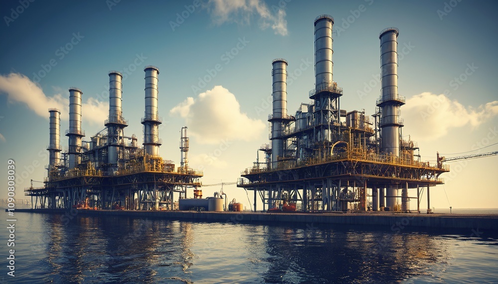 Obraz premium Oil Field at Sunset with Pumpjacks and Refineries