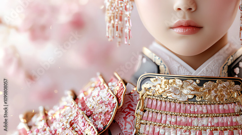 Close-up of traditional Japanese armor with intricate designs, featuring cherry blossom background and ornate details. photo