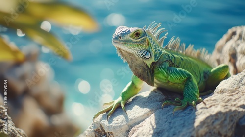 Wallpaper Mural A bright green iguana lounging on a sunlit rock. Torontodigital.ca