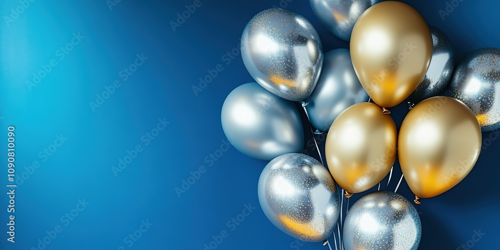 Fototapeta premium Shiny gold and silver balloons on blue backdrop