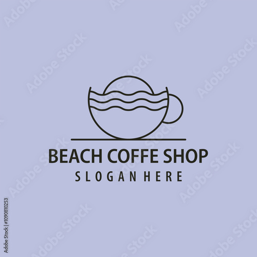 Beach Coffee Logo line art vector icon illustration Design, or Beach Cafe Coffee Shop Logo Design
