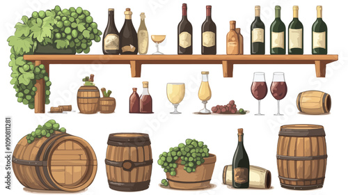 wine bottles and barrels, elegant winery display