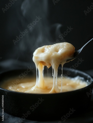 une fourchette avec un morceau de pain recouvert de fondue savoyarde qui coule, une bouche en second plan flou pour la manger, devant un fond noir,generative ai photo