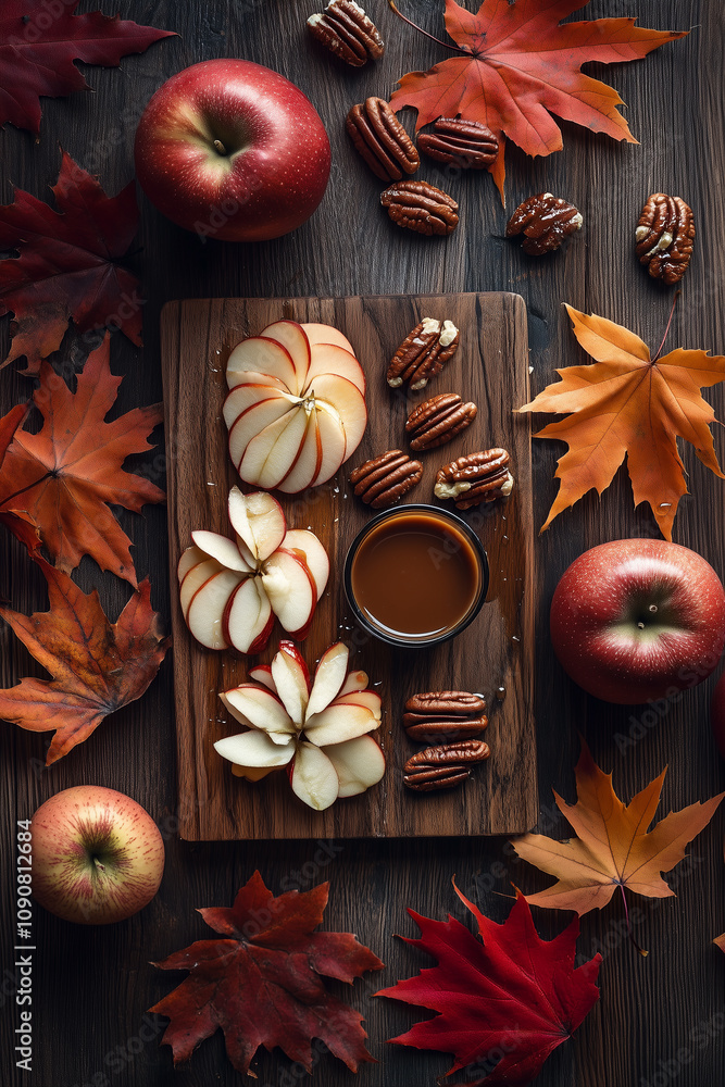 Autumn snack board with apples, pecans, and caramel dip Autumn snack board with apples, pecans, and caramel dip