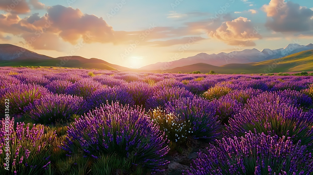 Obraz premium Lavender Field at Sunrise with Scenic Mountains