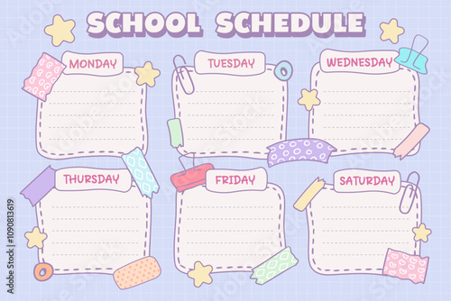 Back to school , kawaii school timetable blank, weekly organiser, with soft blue colours, template, vector