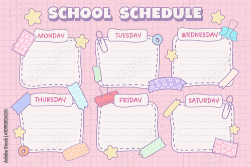 kawaii school schedule with soft pink colour, timetable, back to school, organiser, frame, blank, decor for children, 