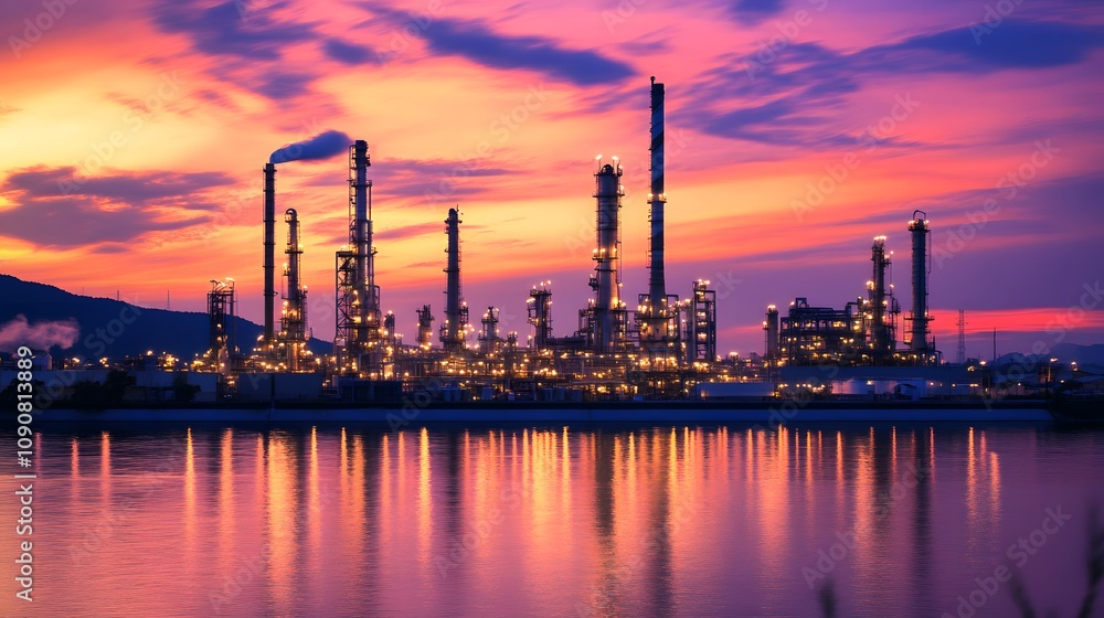 Fototapeta premium A large industrial plant is lit up at night, with the sky in the background. The sky is a beautiful mix of orange and purple hues, creating a serene and peaceful atmosphere