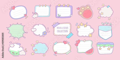 doodle kawaii memory stickers set with soft colours, template, decorative elements, cute planner sticker, frame, vector