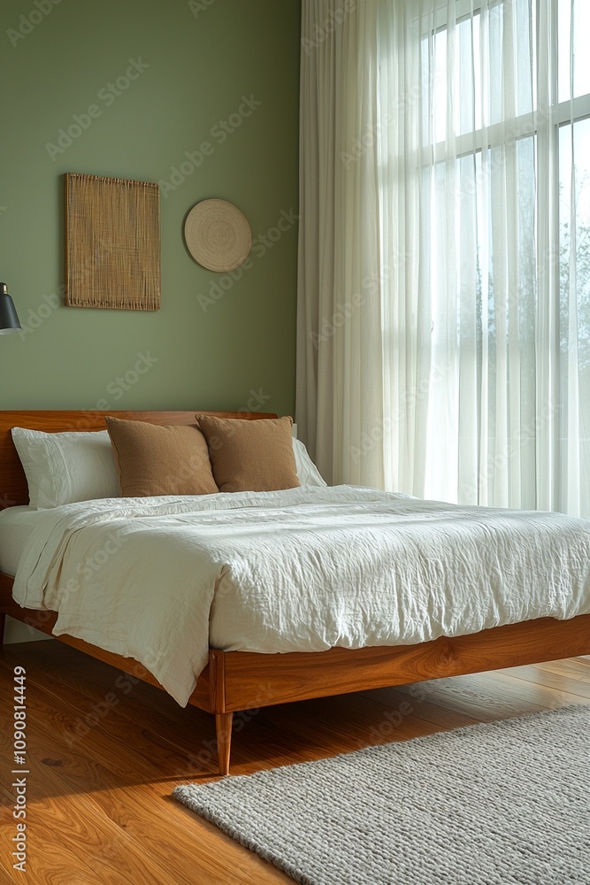 Fototapeta premium Mid century Modern interiors in bedrooms with mint-colored walls and beds and pots. Generative AI 