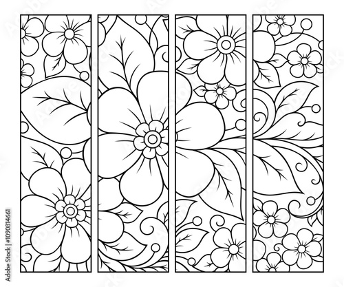 Printable bookmark for book - coloring. Set of black and white labels with flower patterns, hand draw in mehndi style. Sketch of ornaments for creativity of children and adults with colored pencils.