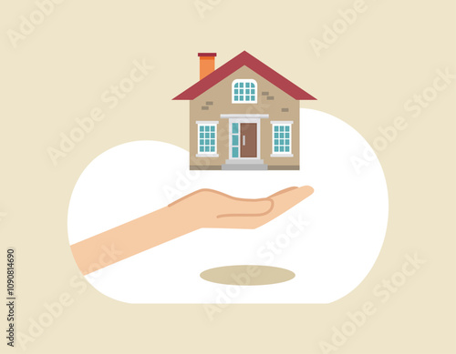 手のひらに家のアイコンを乗せたフラットなベクターイラスト画像