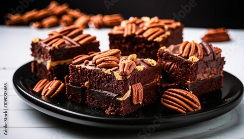 Brownies with a dense, fluffy texture and a delicate pecan crunch are laid out on a smooth, glossy plate. AI generated. photo