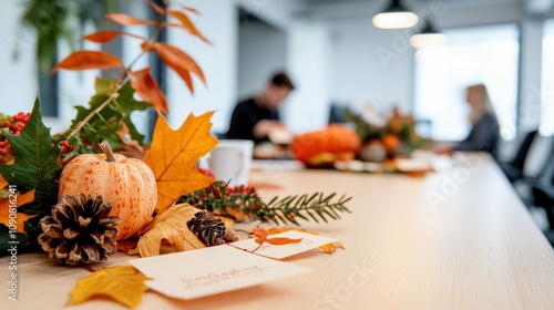 Thanksgiving in business concept. Autumn decorations with pumpkins and leaves on a conference table in an office setting.