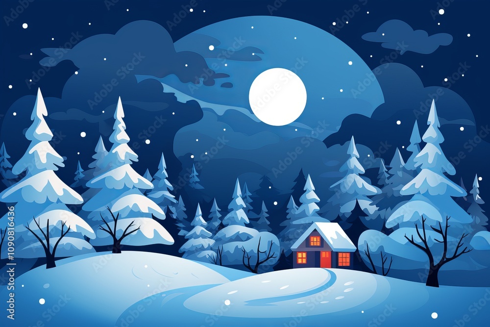 Fototapeta premium Snowy night landscape with a cozy cabin under a bright full moon. Generative AI