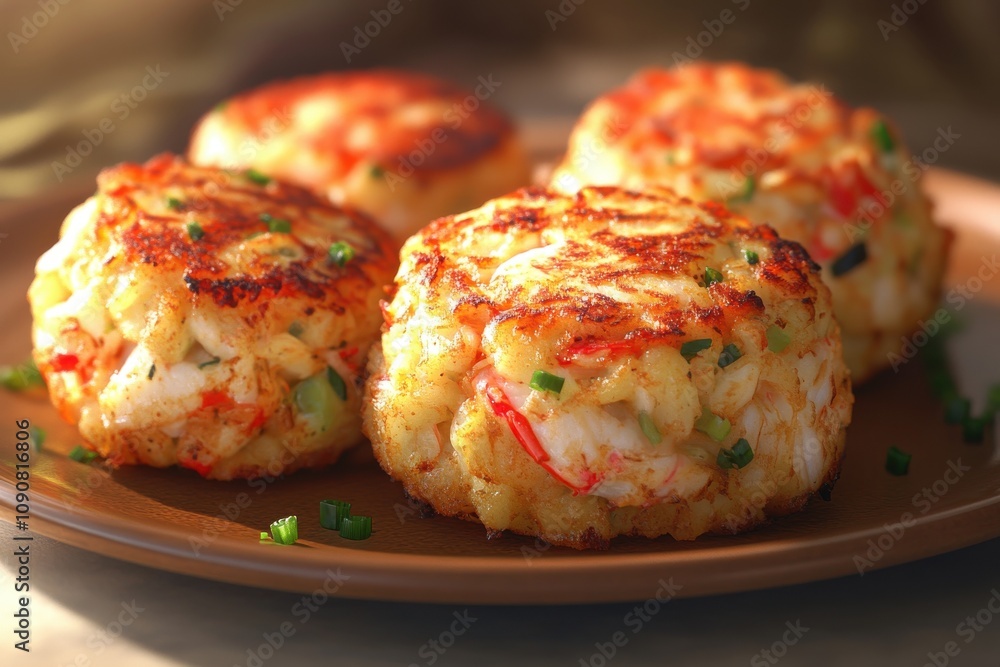 Fototapeta premium Delicious crab cakes served on a wooden plate, featuring a golden crust and fresh herbs for garnish.