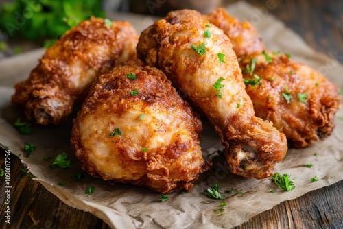 Four golden-brown fried chicken drumsticks garnished with fresh parsley on a rustic wooden table. photo