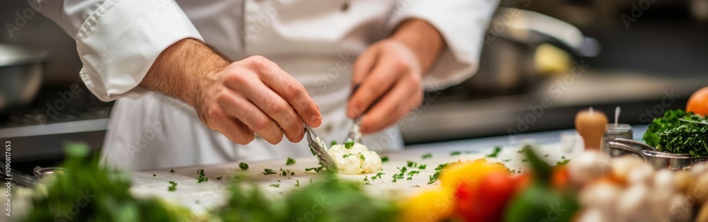 A professional chef skillfully chops herbs on a cutting board, surrounded by vibrant vegetables and kitchen tools, showcasing culinary expertise in a lively kitchen A professional chef skillfully chops herbs on a cutting board, surrounded by vibrant vegetables and kitchen tools, showcasing culinary expertise in a lively kitchen